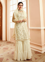 Off White With Golden Touch Embroidered Gharara Suit