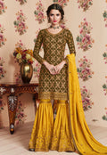 Olive And Yellow Embroidered Gharara Palazzo Suit