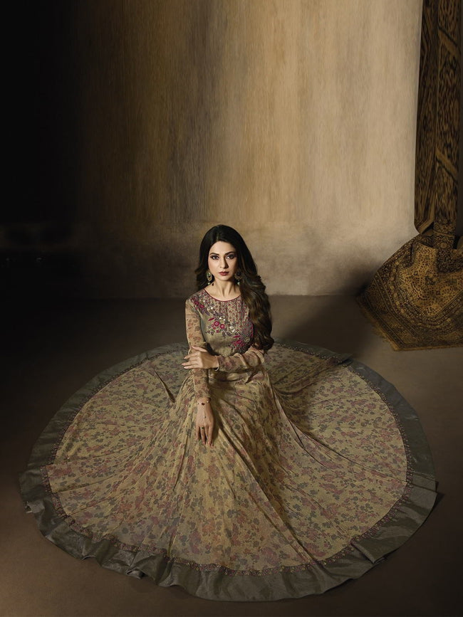 Olive Digital Printed Embroidered Silk Anarkali Suit