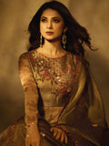 Olive Digital Printed Embroidered Silk Anarkali Suit
