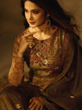 Olive Digital Printed Embroidered Silk Anarkali Suit