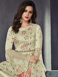 Olive Green And Peach Embroidered Silk Anarkali Suit