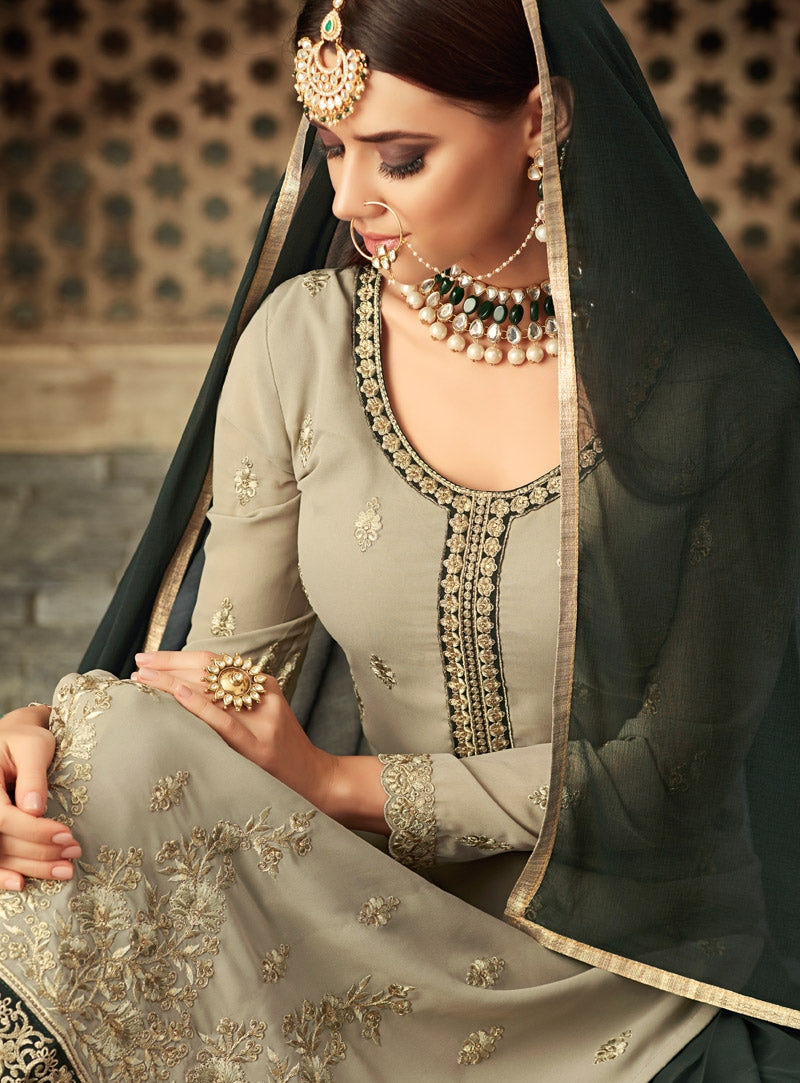 Olive Green Dual Tone Traditional Embroidered Palazzo Suit
