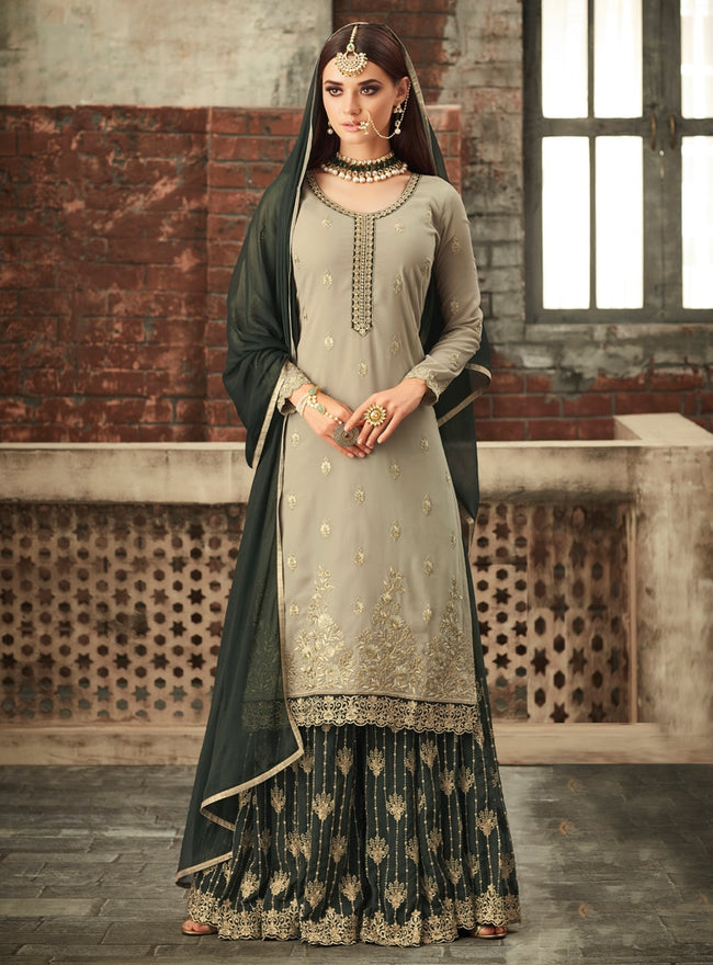 Olive Green Dual Tone Traditional Embroidered Palazzo Suit