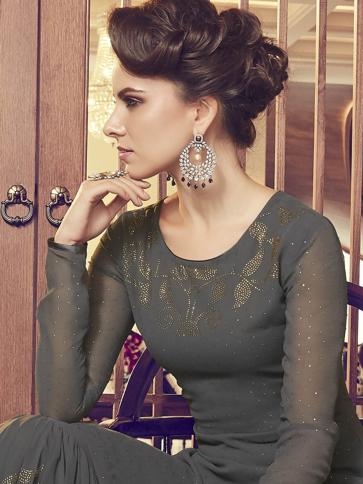 Olive Green Embellished Classic Palazzo Suit