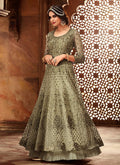 Olive Green Layered Embroidered Net Anarkali Suit