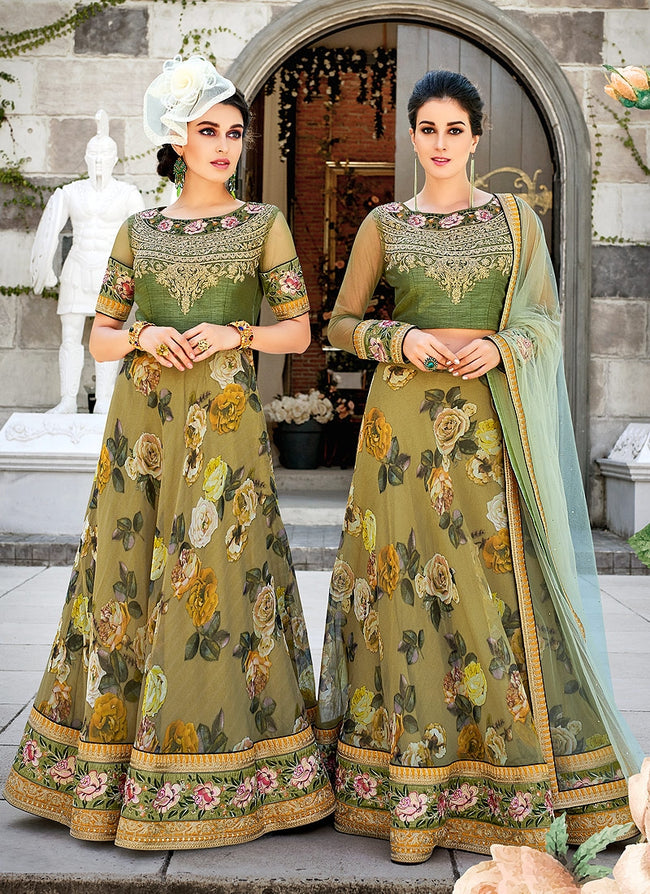 Olive Green Floral Embroidered Lehenga Choli Suit Hatkay