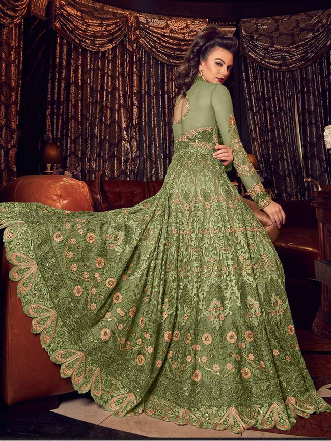 Olive Green With Golden Embroidered Lehenga/Pant Suit