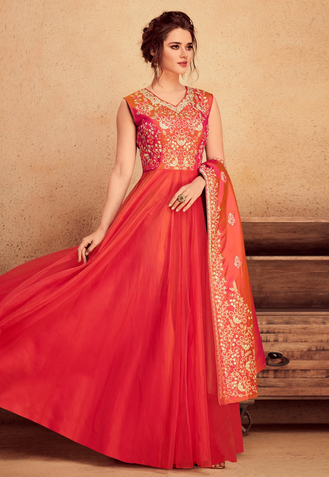 Orange And Red Embroidered Silk Anarkali Suit