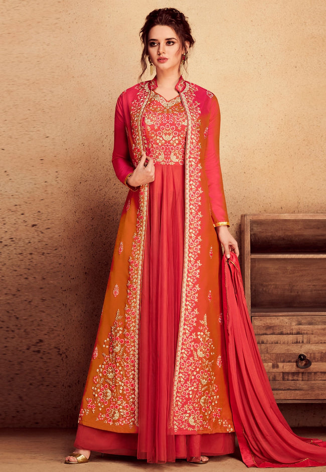 Orange And Red Embroidered Silk Anarkali Suit