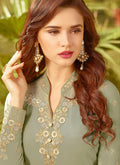 Pastel Green Golden Embroidered Slit Style Anarkali Suit