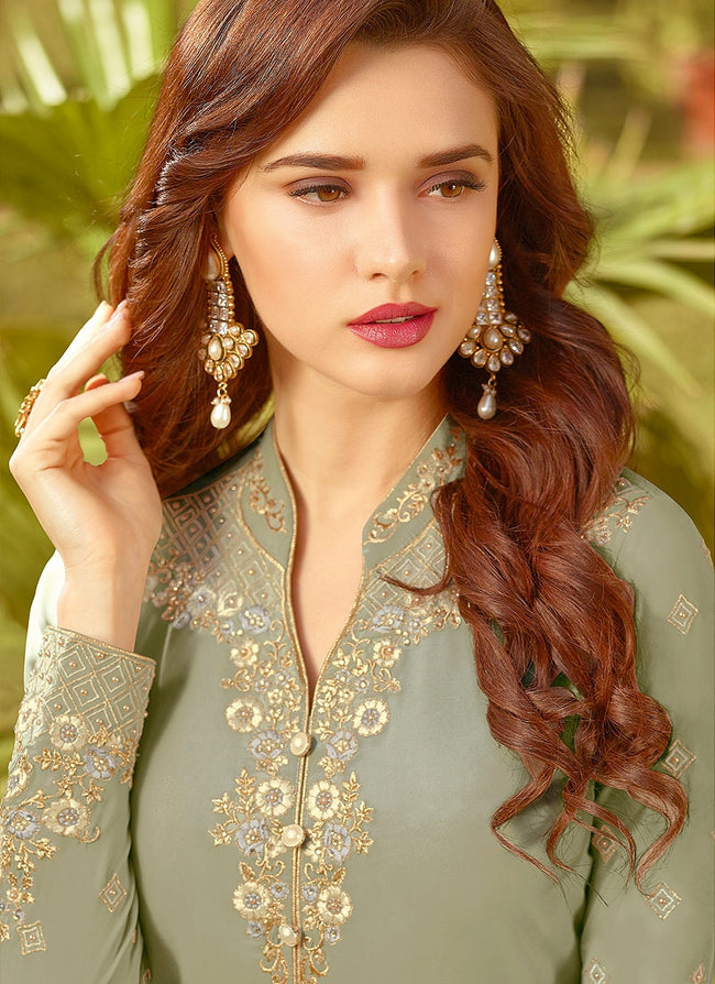 Pastel Green Golden Embroidered Slit Style Anarkali Suit