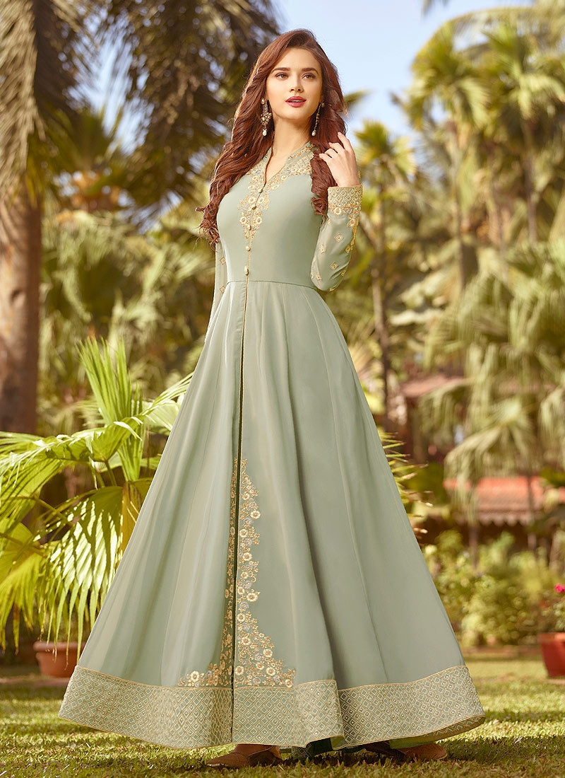 Pastel Green Golden Embroidered Slit Style Anarkali Suit