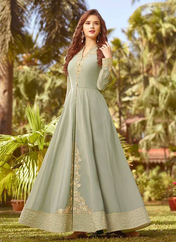 Pastel Green Golden Embroidered Slit Style Anarkali Suit