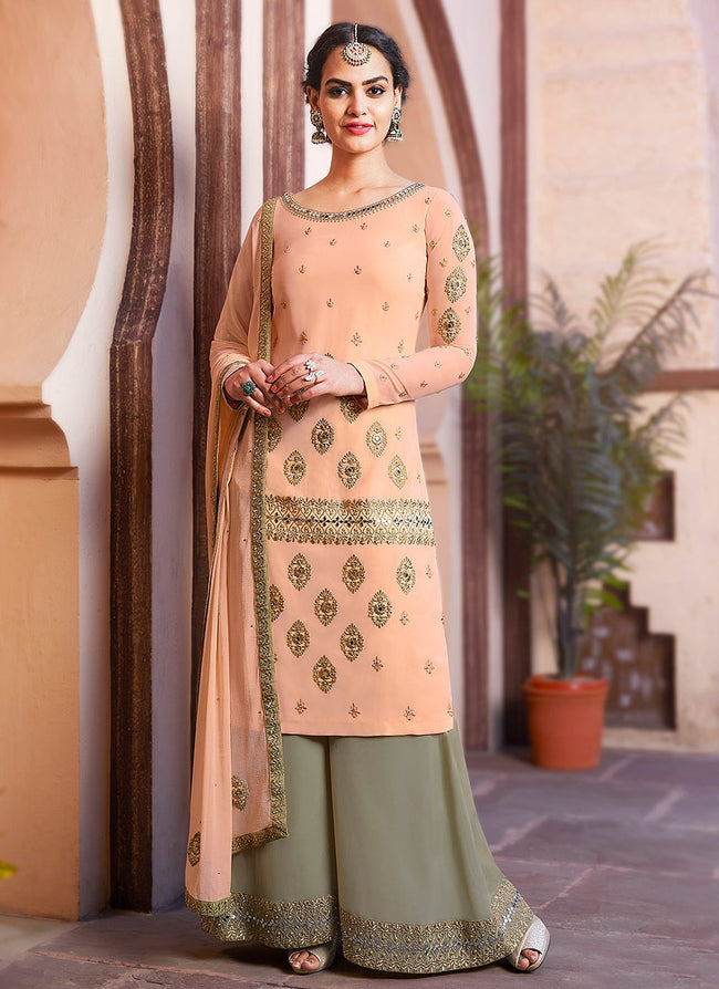 Pastel Orange And Green Embroidered Palazzo Suit