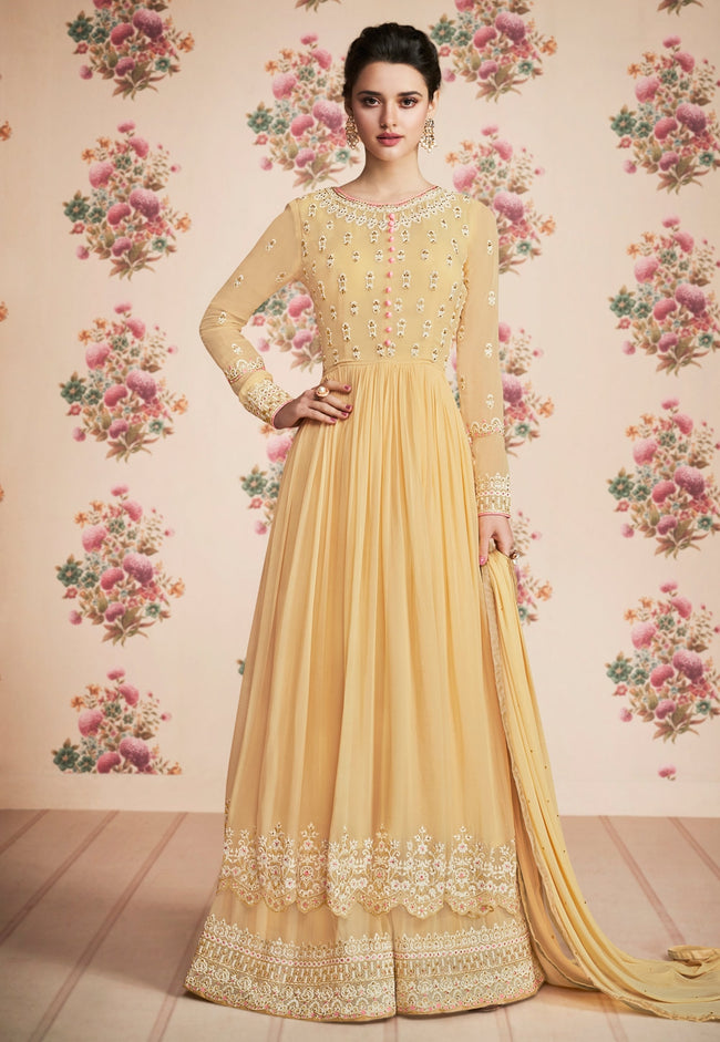 Pastel Yellow Embroidered Palazzo Suit 