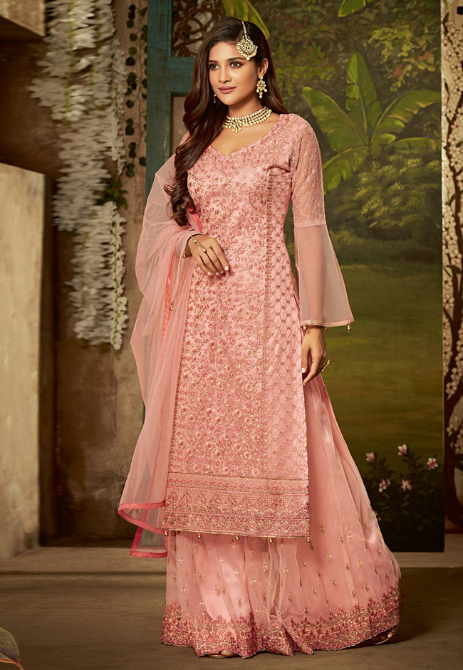 Peach All Over Embroidered Palazzo Suit