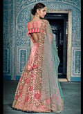 Peach And Blue Embroidered Kaliyaari Lehenga Choli Set