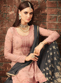 Peach And Grey Traditional Embroidered Palazzo Suit