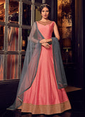 Peach And Grey Minimalist Embroidered Jacket Style Anarkali Suit