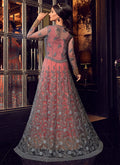 Peach And Grey Minimalist Embroidered Jacket Style Anarkali Suit