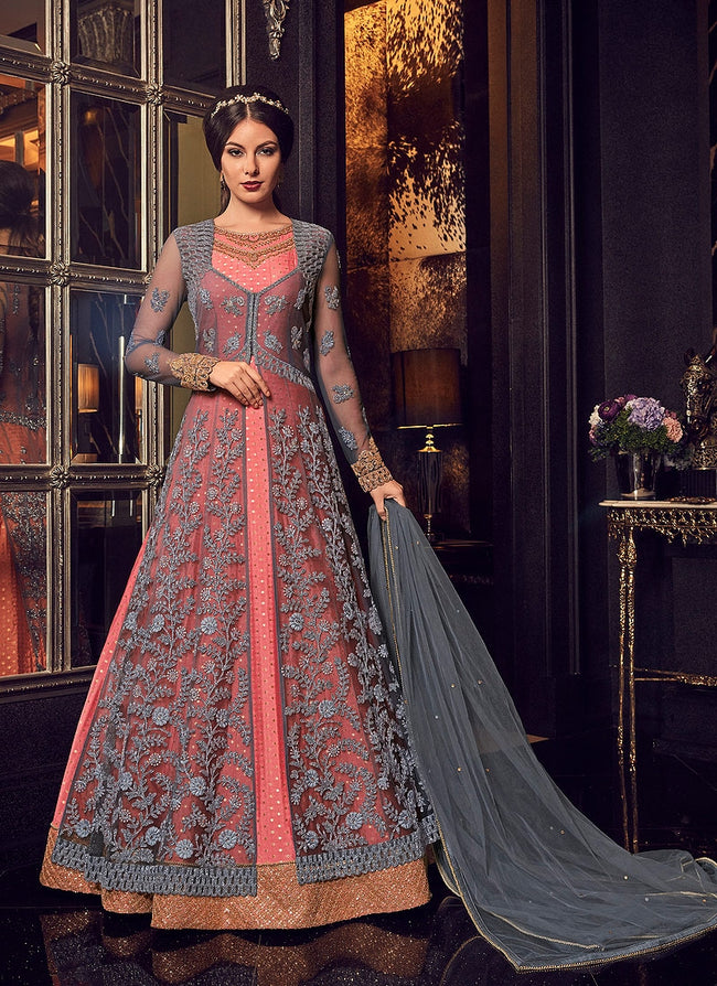 Peach And Grey Minimalist Embroidered Jacket Style Anarkali Suit Hatkay