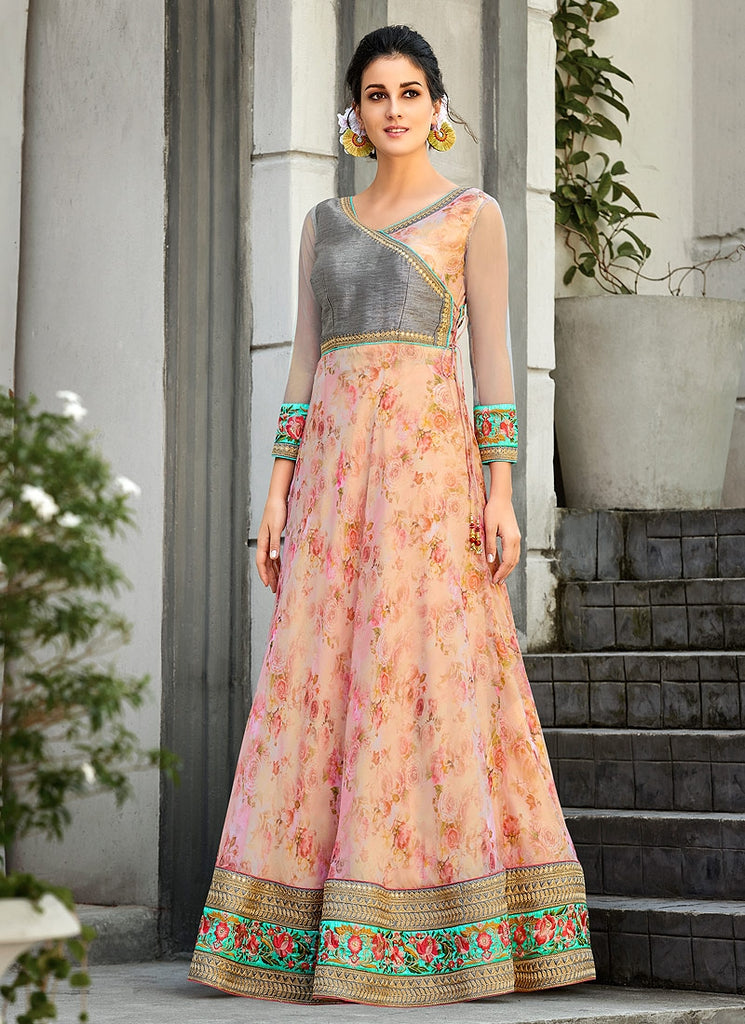Peach And Grey Embroidered Lehenga Choli Suit