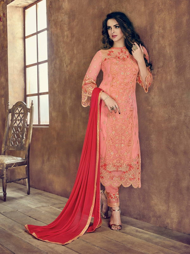 Peach And Red Minimalist Embroidered Pant Suit