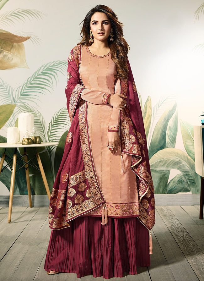 Peach And Red Embellished Satin Palazzo Suit