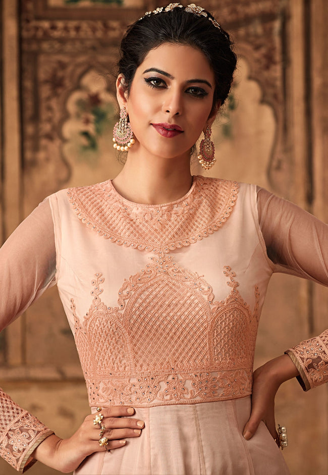 Peach Chikankari Embroidered Net Anarkali Suit