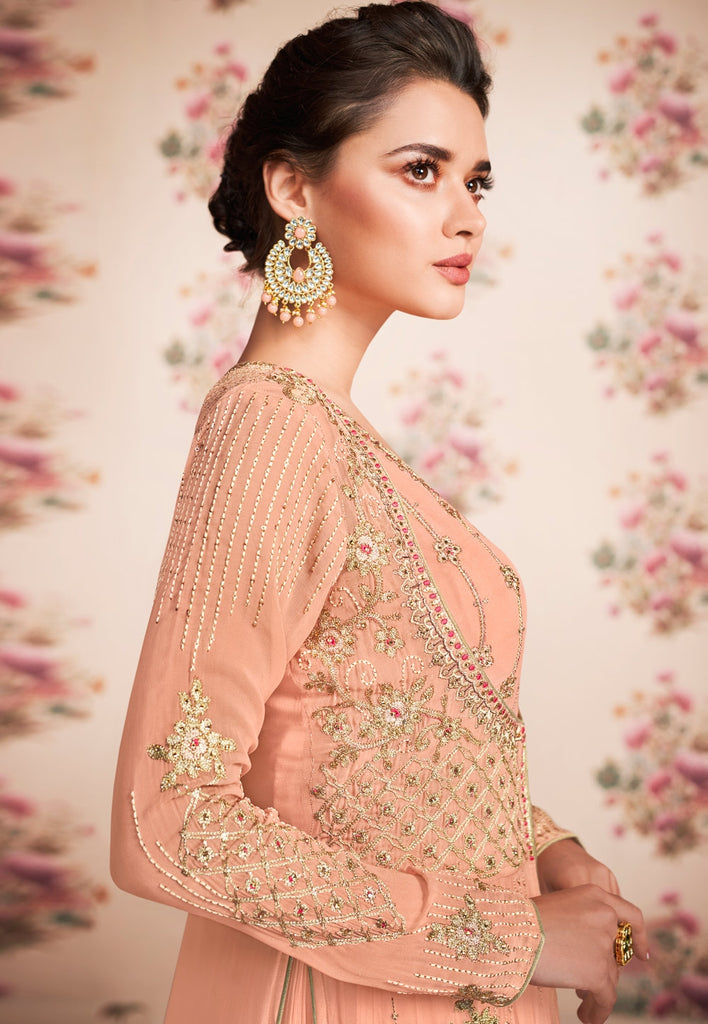 Peach Embroidered Jacket Anarkali Suit