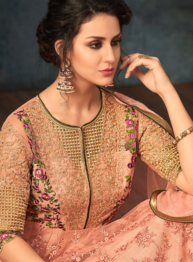 Peach Overall Floral Embroidered Flared Anarkali Suit