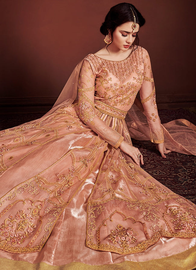 Peach Golden Fully Embroidered Anarkali Lehenga Suit