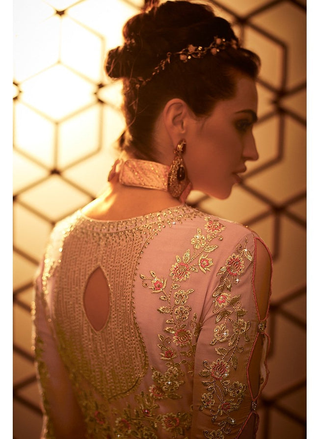 Peach Golden Embroidered Net Anarkali Pant Suit