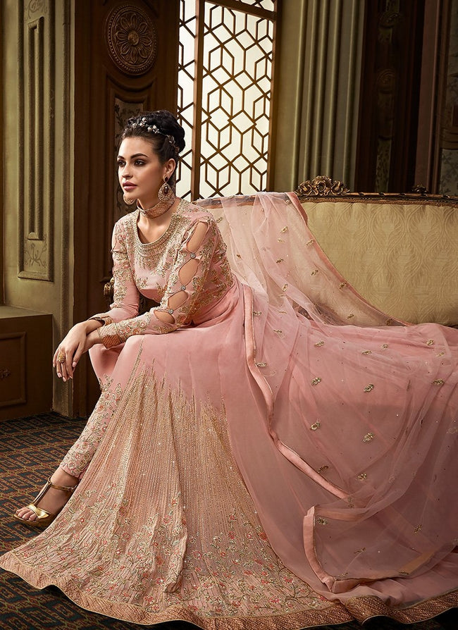 Peach Golden Embroidered Net Anarkali Pant Suit Hatkay