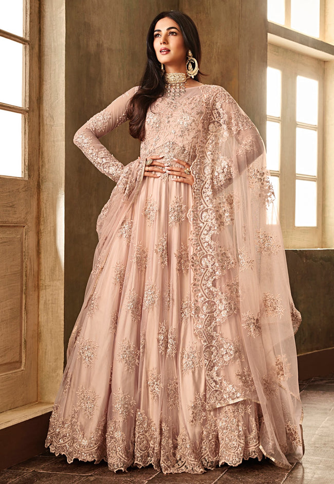 Peach Floral Embroidered Net Anarkali Style Gown