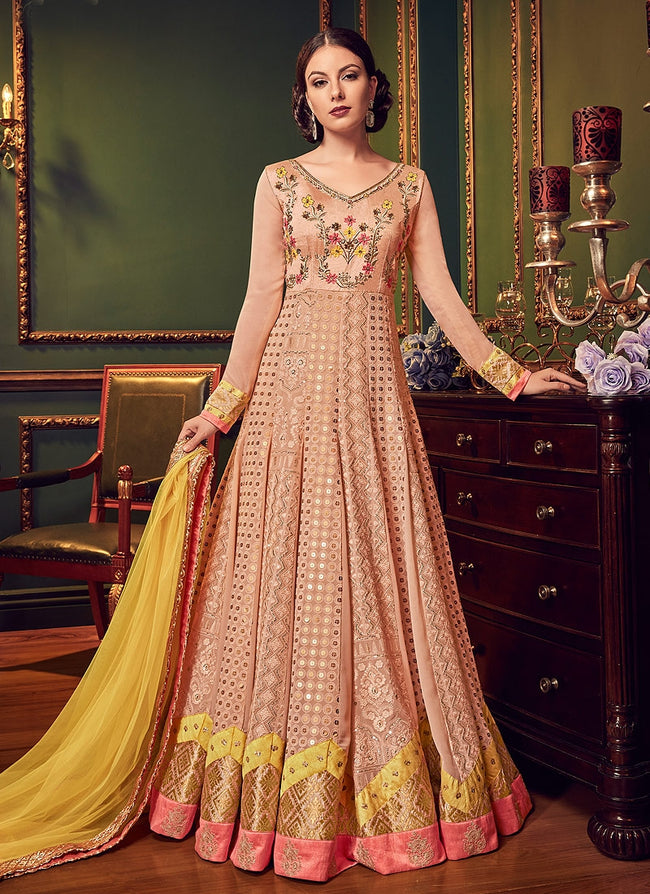 Peach Multi Embroidered Flared Designer Anarkali Suit
