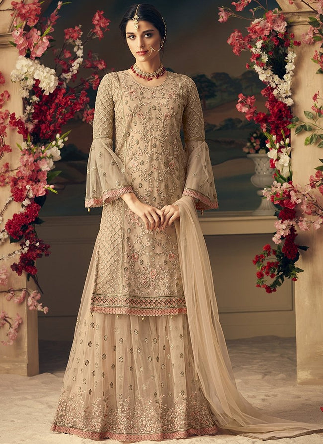 Peach Overall With Multi Embroidery Flared Sharara Suit