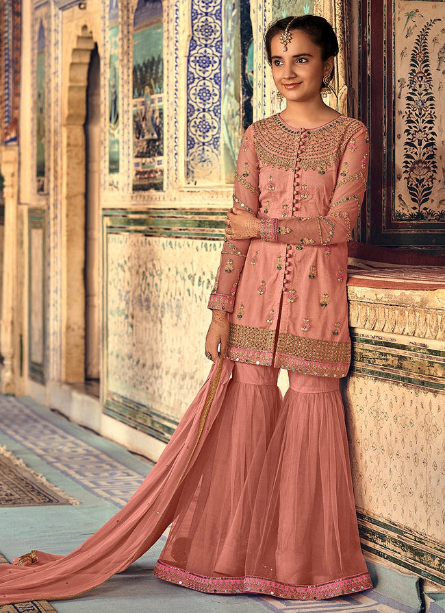 Peach Overall Embellished Gharara Suit