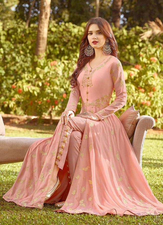 Peach Vibes Golden Embroidered Slit Style Anarkali Suit