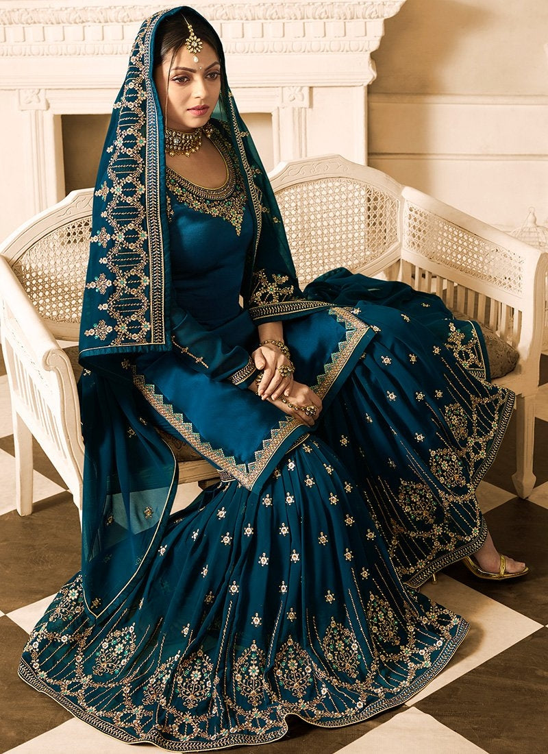 Peacock Blue Embroidered Designer Gharara Palazzo Suit, 56% OFF