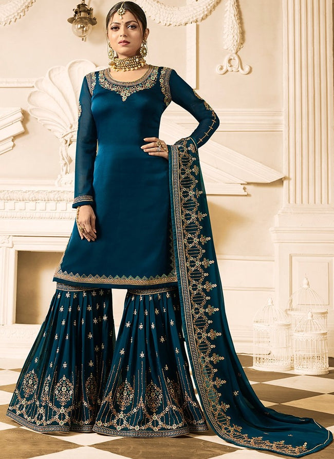 Glossy Womens Wear Peacock Blue Color Pure Georgette With Cording & Stone  Work Anarkali Suit