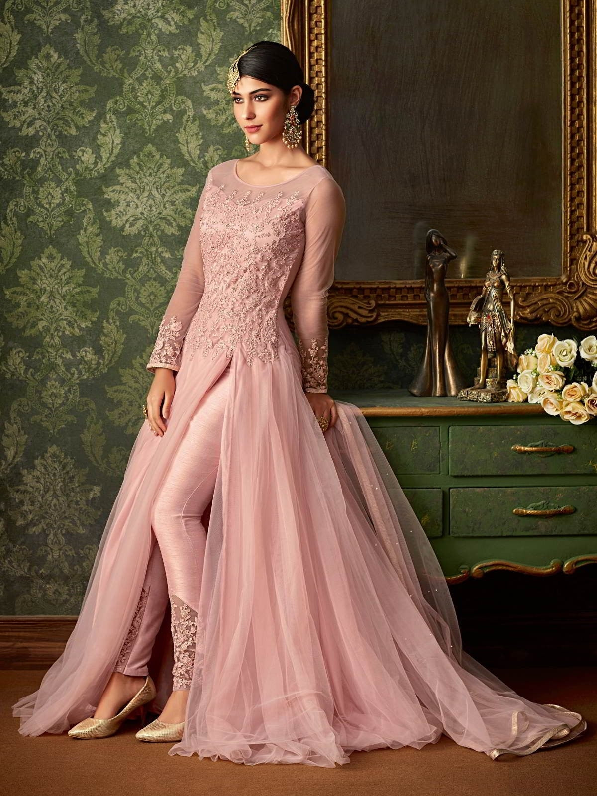 Pink All Front Slit Embroidered Anarkali Pant Suit