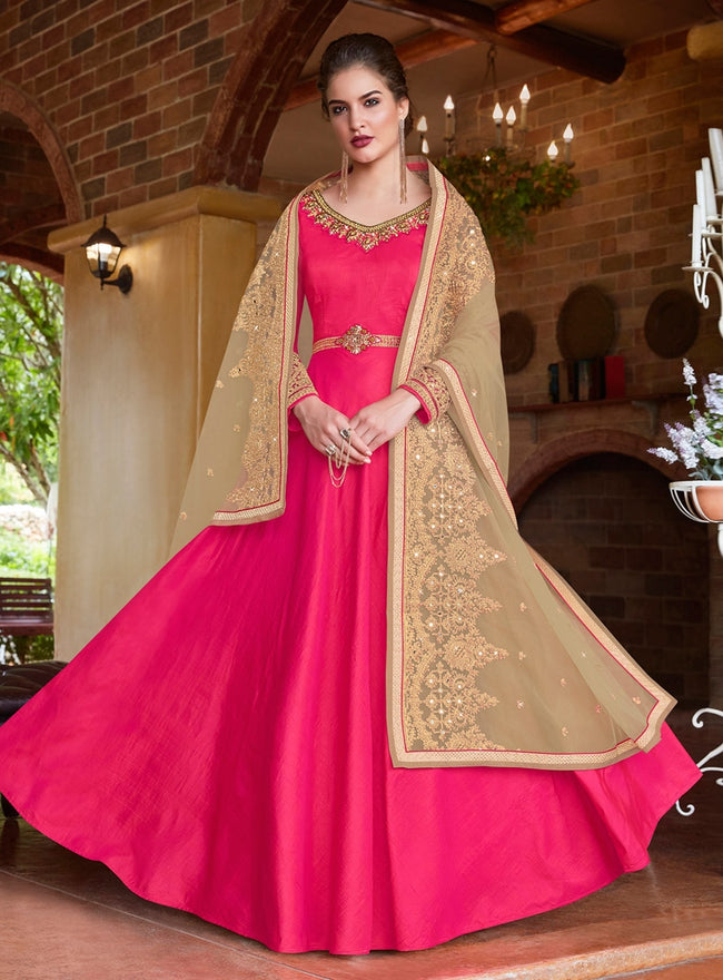 Pink And Beige Embroidered Flared Anarkali Suit