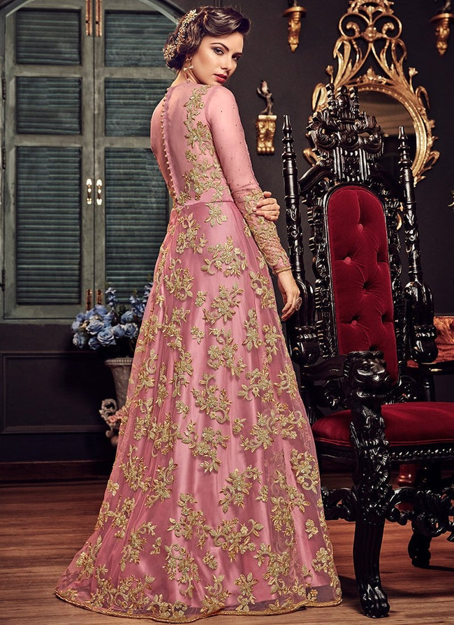 Pink Princess With All Gold Embroidered Flared Anarkali Suit