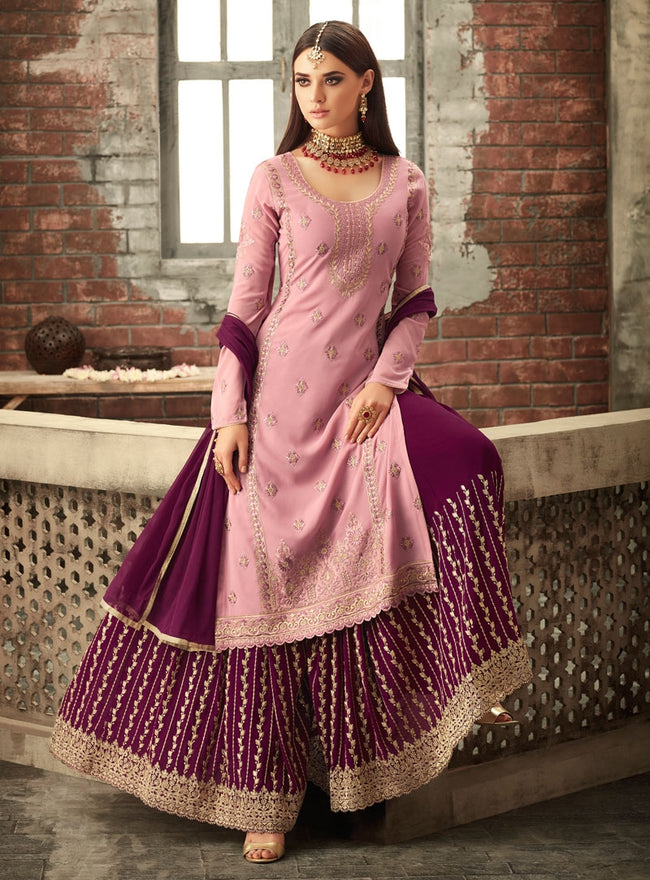 Pink And Purple Traditional Embroidered Palazzo Suit
