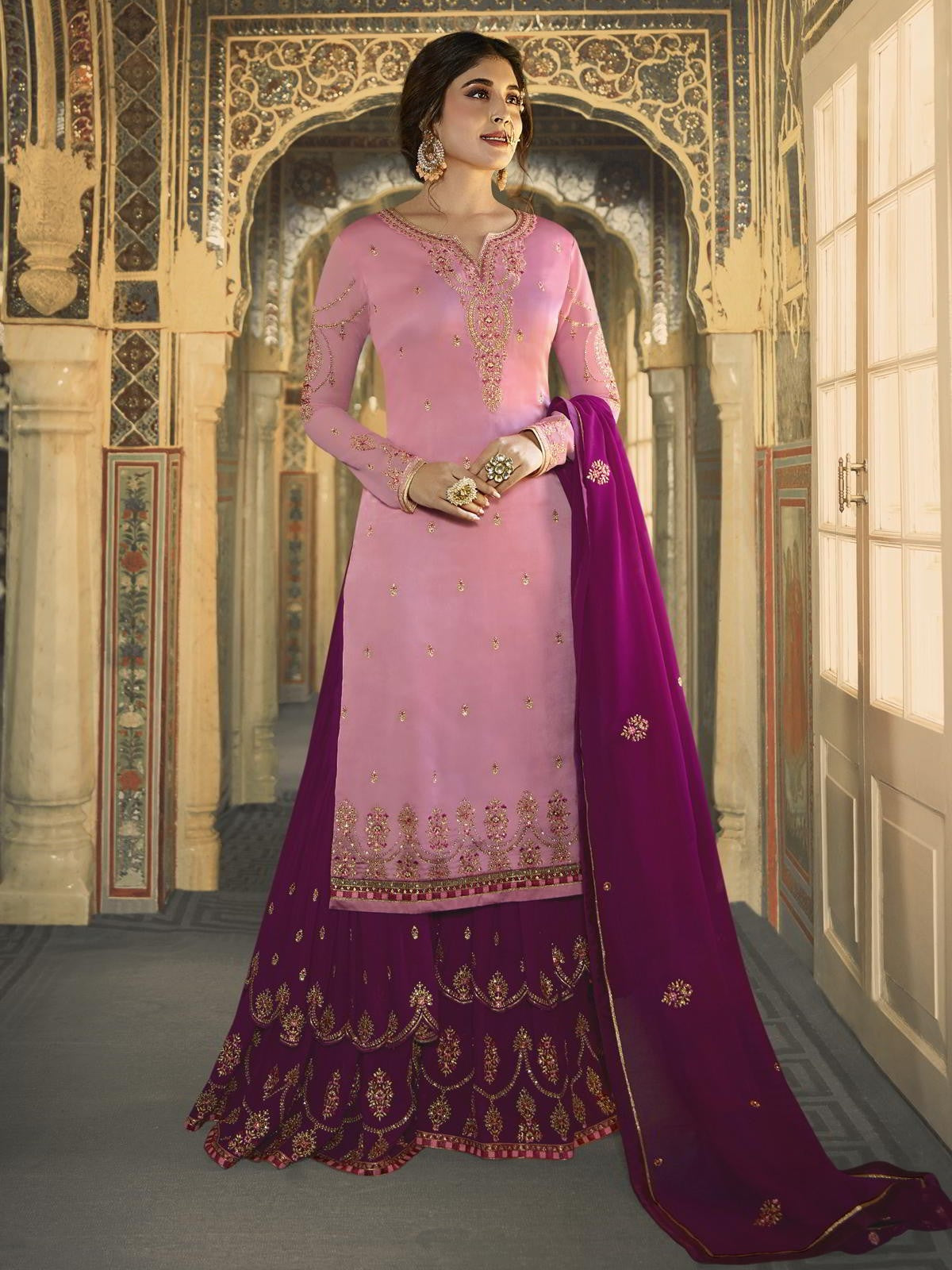 Pink And Purple Ethnic Embroidered Sharara Suit - Hatkay