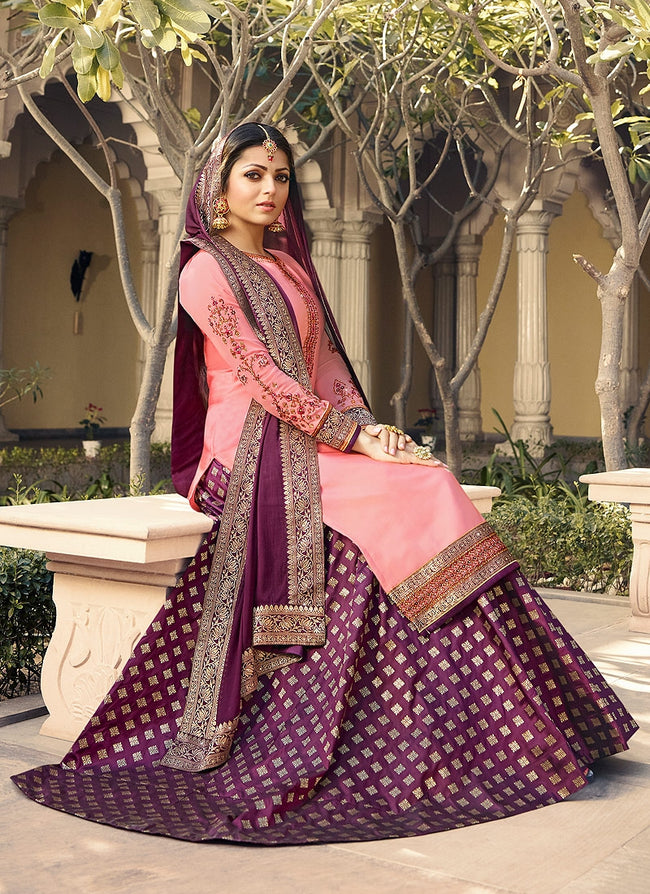 Pink And Purple Embroidered Lehenga Kurti Set