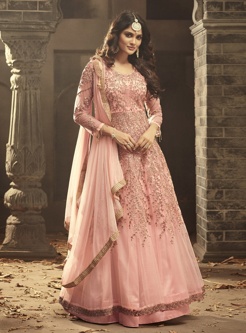 Buy Women Dark Pink Gota And Foil Work Anarkali Suit Set With Churidar And  Mesh Dupatta - Reds & Pinks - Indya