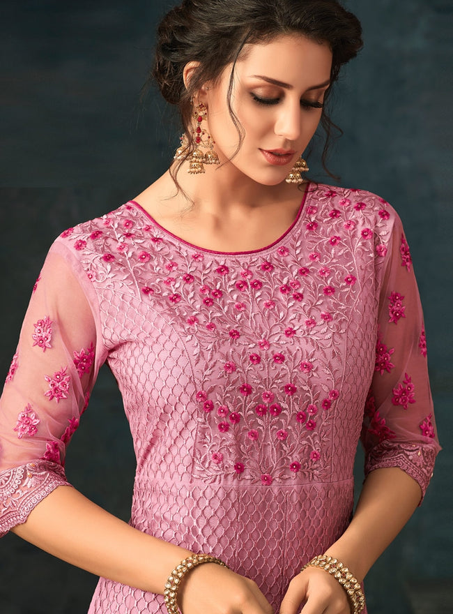 Pink Overall Floral Embroidered Flared Anarkali Suit